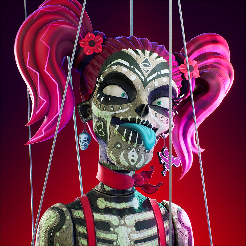 Meet Doll Eyes. 💀🌺   

The enigmatic singer in The Rat Pack. With her wild eyes, her unique blend of punk  and zombie electro tunes captivate Zurbs. 🤘 

Her music is as alive as she is undead.