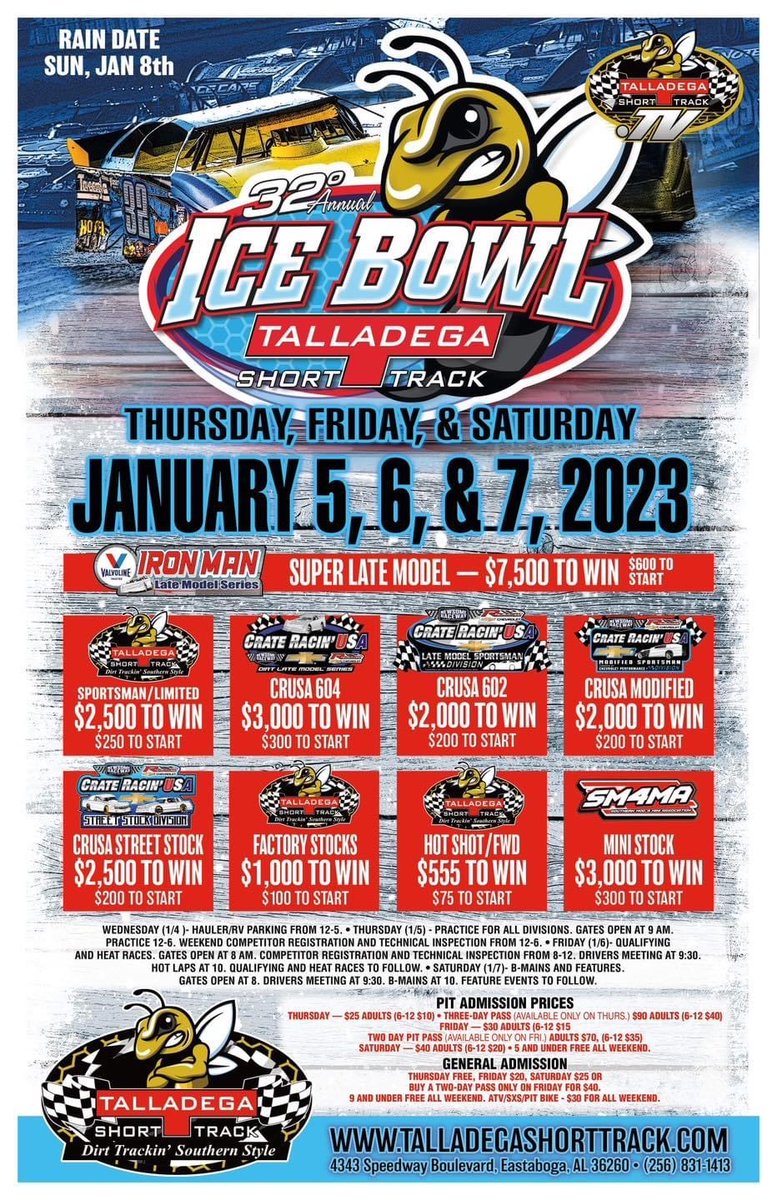 2 Weeks Away! Ice Bowl 2023 at Talladega Short Track! $7,500 to win / $600 to start Jan 6 Qualifying/Heats Jan 7 B-Mains/Features Valvoline Iron-Man Series opener. Non points but points for (3) race series. Hoosier 1350/1600 anywhere, 70 RR option tire rule. No droop rule.