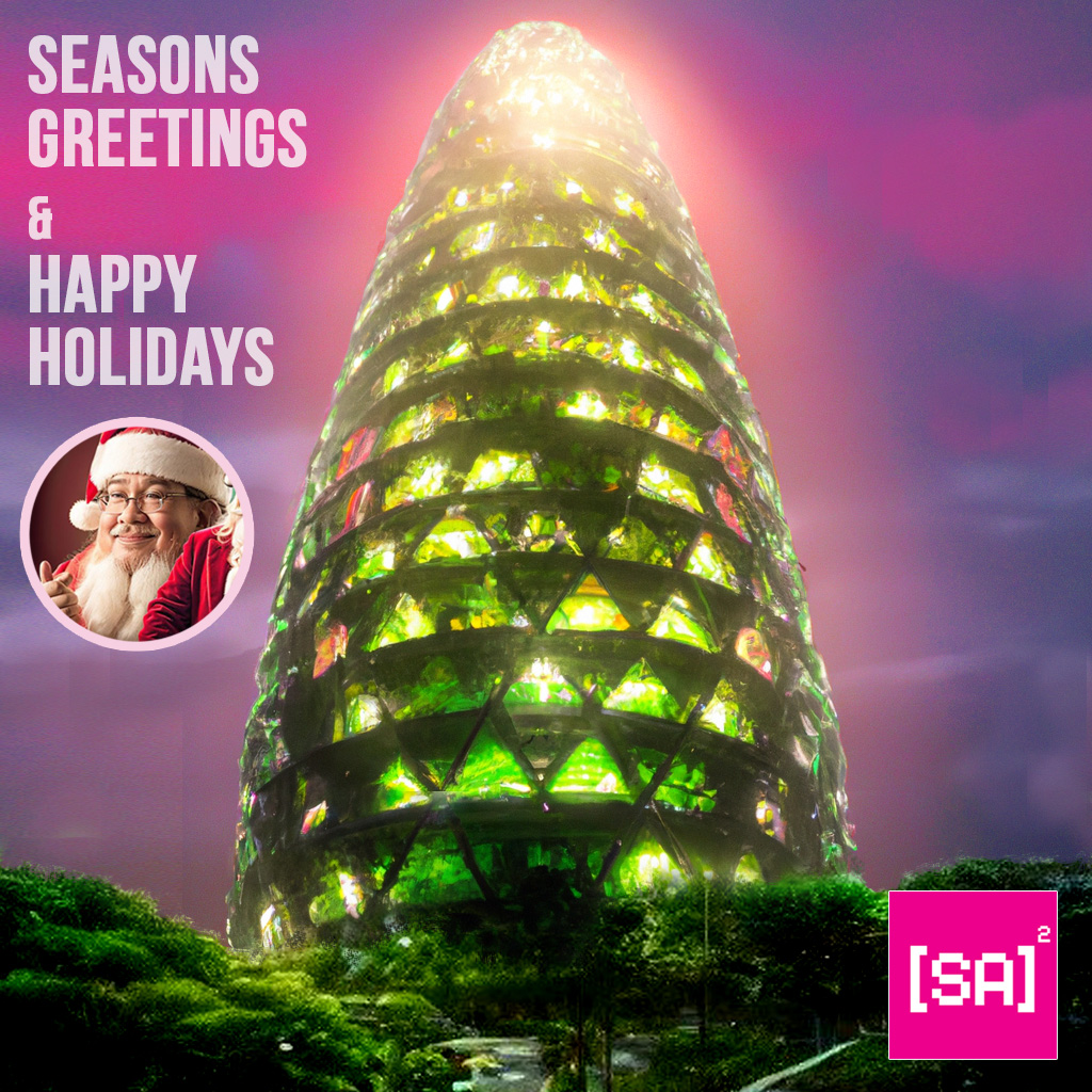 SASquared_arch's tweet image. Sᴇᴀꜱᴏɴ Gʀᴇᴇᴛɪɴɢꜱ ᴀɴᴅ Hᴀᴘᴘʏ Hᴏʟɪᴅᴀʏꜱ!!! 🥰 Have a wonderful new year to all, from all of us here at [SA]² 🙏🏻
Welcome to 2023, totally AI generated image of green building in shape of Xmas tree as well as Ar Sarly as Santa. 😂😅😃