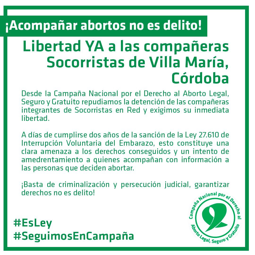 ‼️Desde la Campaña Nacional por el Derecho al Aborto Legal, Seguro y Gratuito repudiamos la detención de las compañeras integrantes de Socorristas en Red y exigimos su inmediata libertad.