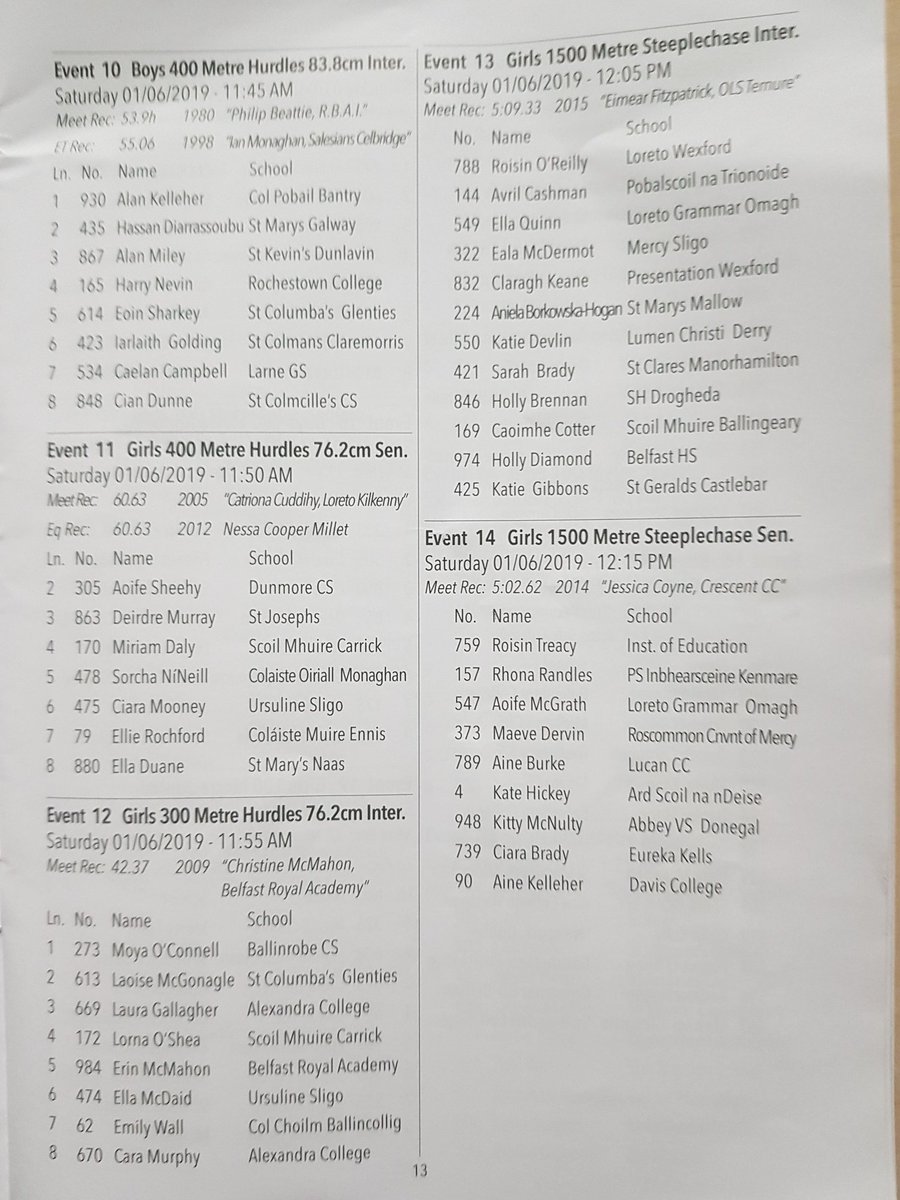 SchoolsAthletic's tweet photo. #irishschoolsathleticsarchives
#2019 #trackandfield #startlists #events10to14 https://t.co/G6KYOHUO4h