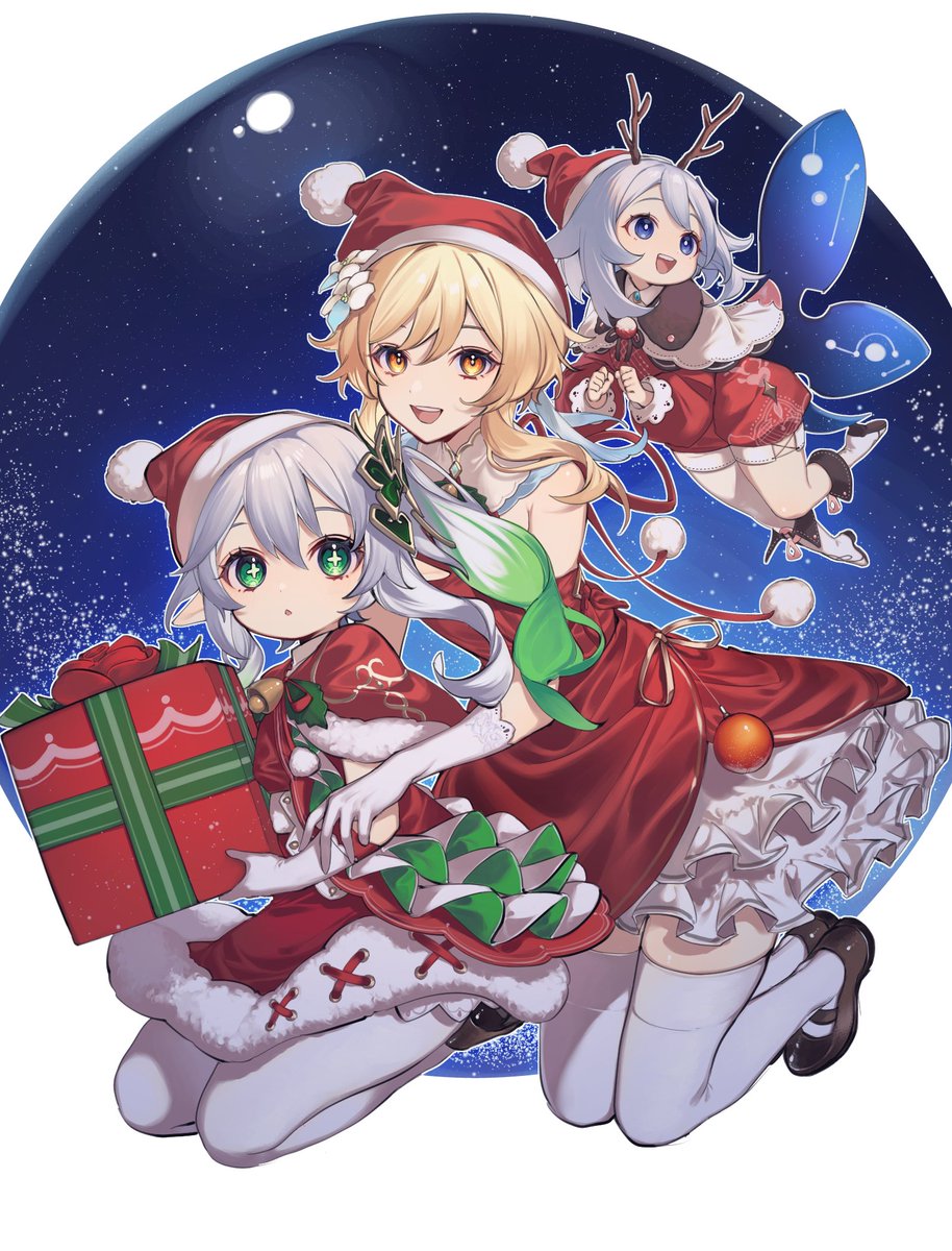 lumine (genshin impact) ,nahida (genshin impact) ,paimon (genshin impact) multiple girls 3girls blonde hair hat gift santa hat christmas  illustration images