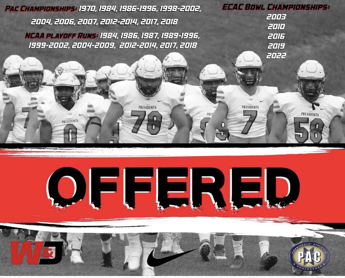 Honored and blessed to receive my second offer from W&amp;J
<a href="/Coach_Luvara/">Vince Luvara</a> ⚫️🔴