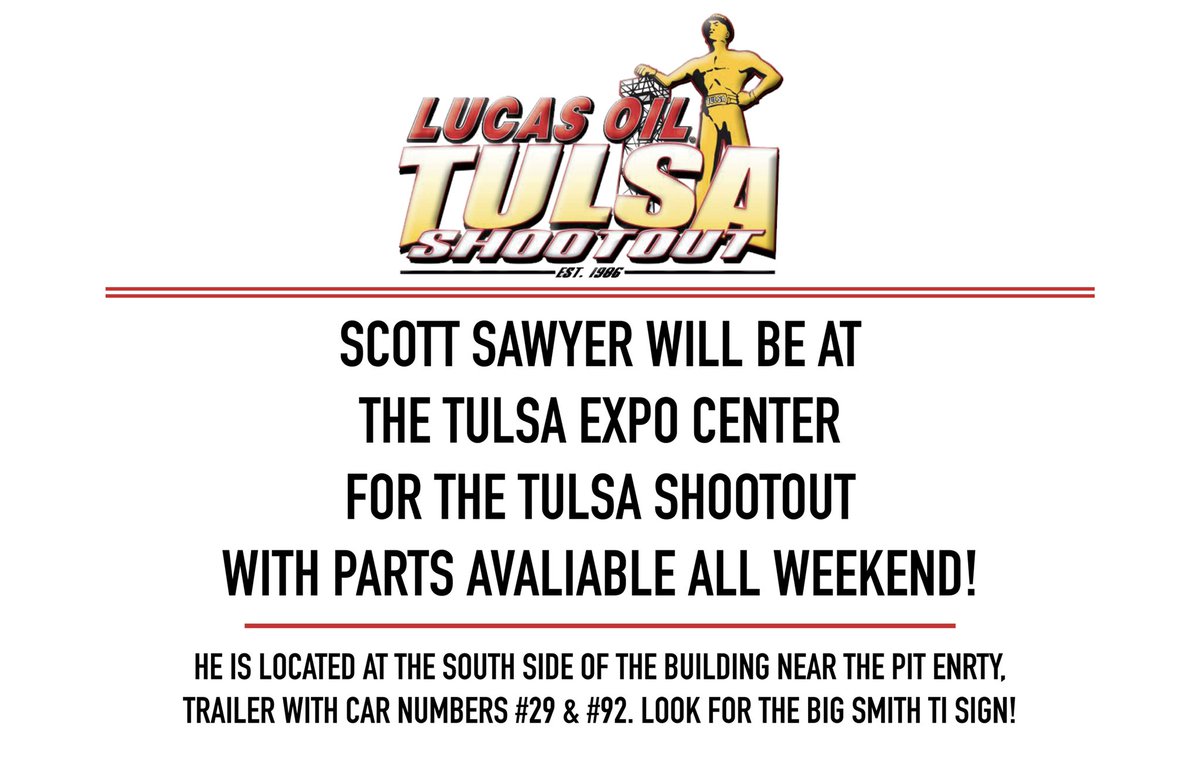 🏁ATTENTION TULSA SHOOTOUT COMPETITORS🏁

<a href="/scottsawyer29/">Scott Sawyer</a> will be in the building all weekend with Smith Ti parts! Details of where he will be below. If you have any troubles message us and we will do our best to assist you! Thanks! 

Good luck to everyone competing this weekend!