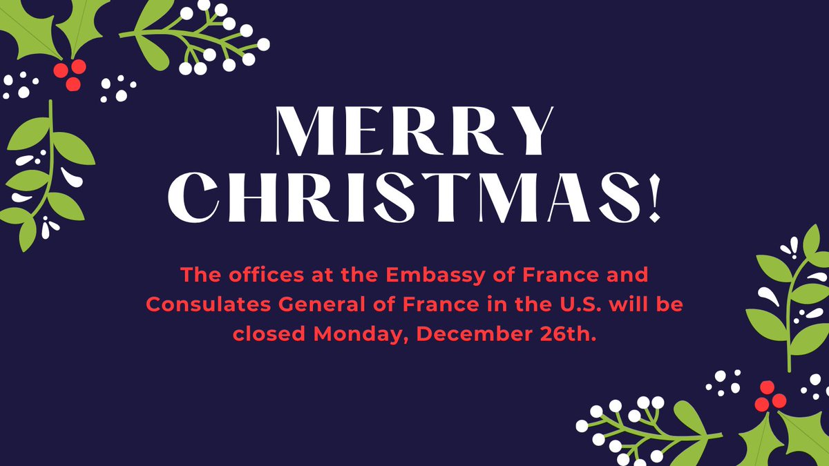 FranceLouisiana's tweet photo. The Consulate General of France in Louisiana wishes you a Merry Christmas and happy holidays!
🎄❄️⚜️
Our office will reopen on Tuesday December 27th, 2022. https://t.co/b1AoOqcy5J