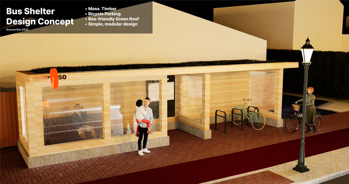 duncrae's tweet photo. Quick mass timber bus shelter design I did with bicycle parking and a bee-friendly green roof for #Ottawa -- thoughts? https://t.co/cuL4o1iebd
