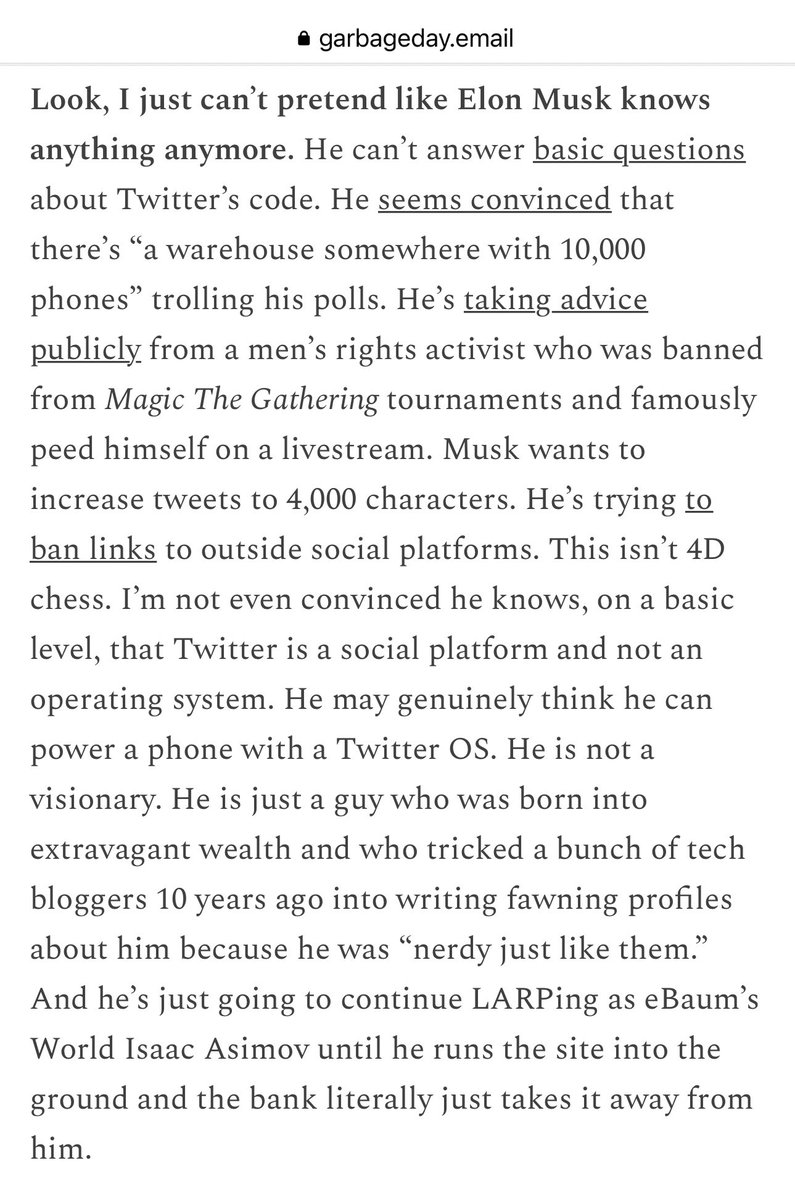 broderick's tweet image. He’s not playing 4D chess. He just doesn’t know what he’s doing. And he’s just gonna keep floundering until the bank take this site away from him.
garbageday.email/p/sorry-for-al…