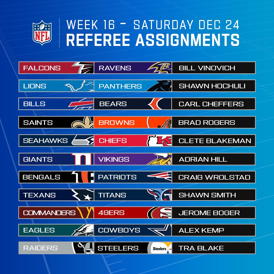 NFL Officiating on Twitter "Today’s referee assignments. https//t.co