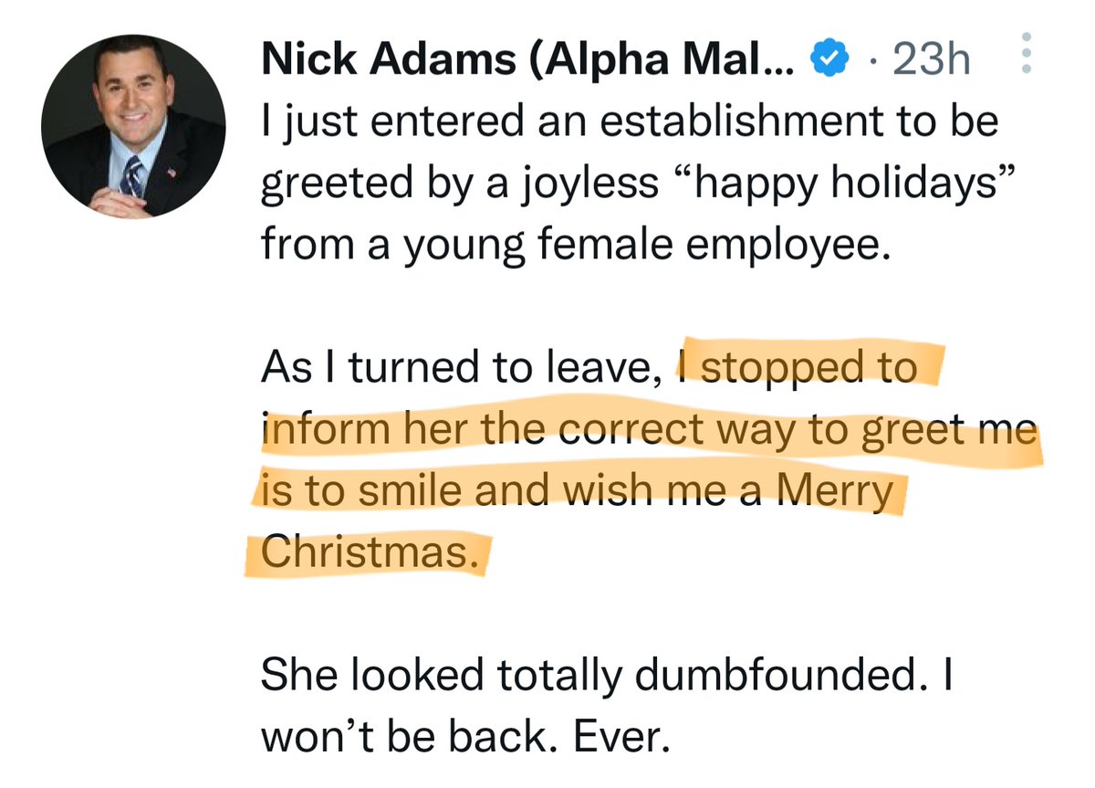 APowerIntrovert's tweet image. Don't be like this dick. No man should ever tell a woman how she should greet him. And do not tell her to smile. Nick Adams isn't alpha, he's a limp fuckstick.