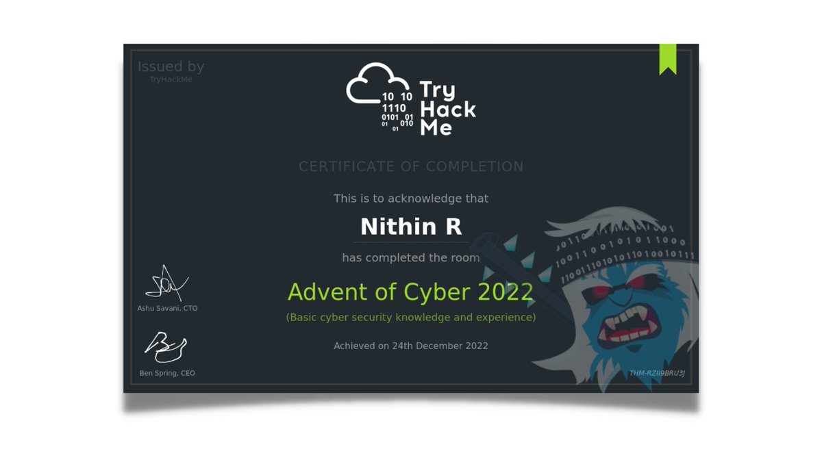 thebinarybot's tweet image. Well well well...

Thank you so much @RealTryHackMe for this year&apos;s Advent of Cyber. Definitely learnt something new and had fun at the same time :)

#tryhackme #adventofcyber2022