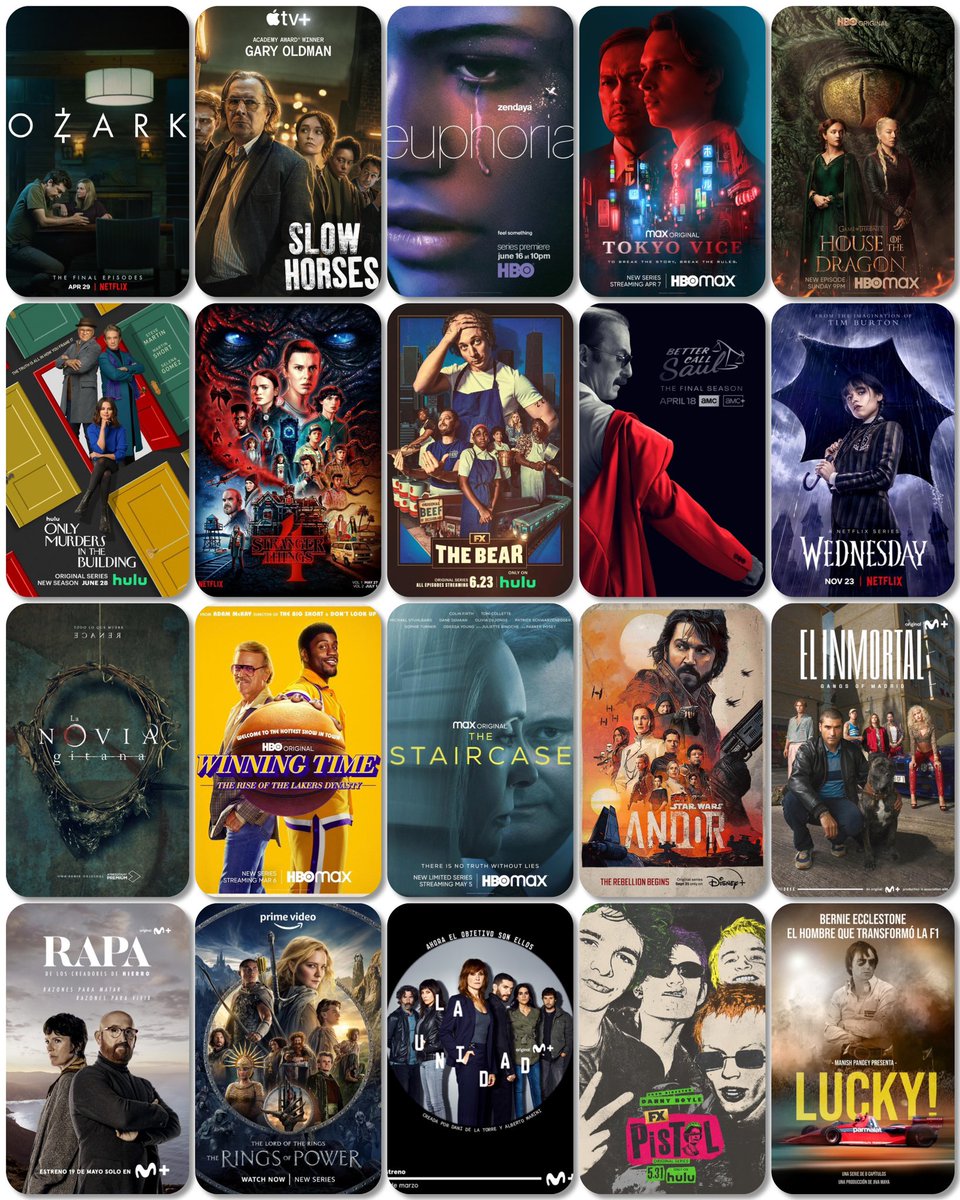 joanverger1975's tweet photo. Mi #Top20 series 2022 (sin ordenar) #Ozark #SlowHorses #Euphoria #TokyoVice #HouseOfTheDragon #OnlyMurdersInTheBuilding #StrangerThings #TheBear #BetterCallSaul #Wednesday #LaNoviaGitana #WiningTime #TheStaircase #Andor #ElInmortal #Rapa #TheRingsOfPower #LaUnidad #Pistol #Lucky https://t.co/rLy6z0GDym