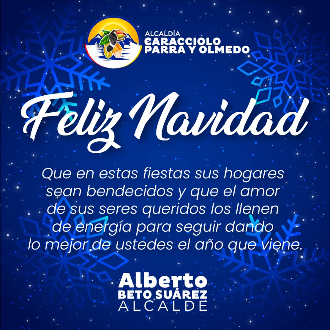 A_CaraccioloPO's tweet photo. 🎄🎅 #24Dic

El alcalde Alberto Suarez junto al tren ejecutivo y todo el personal que labora en la Alcaldía de Caracciolo Parra Y Olmedo les desea una feliz Navidad.

Que en estos días de fiesta todos seamos portadores de paz y mucha prosperidad.
 #Mérida #Venezuela https://t.co/qDiQALA1tT