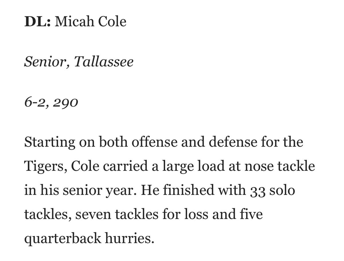 Blessed to make Second team All-Area <a href="/oanow/">Opelika-Auburn News</a>  <a href="/thsfootball13/">mike battles</a> <a href="/JustinEllis22/">Justin Ellis</a> #hiddengem #underrated Micah Cole 
Tallassee High School  (AL)
3.8 GPA ACT 19 C/O ‘23
OL/ DL  6’2 285
+1 (334) 415-2550
hudl.com/v/2JuDRp