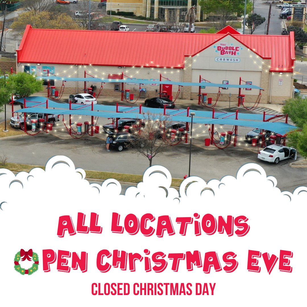 We're back in action! Stop by to give your car a Bubble Bath before your holiday festivities!🎄 😊

All locations will be closed tomorrow.