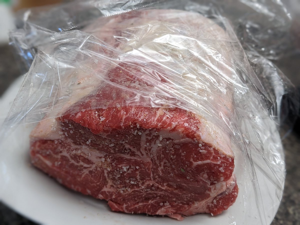 ShawnMarucci's tweet photo. @JoeyMurr A little 24 hour dry brine before it gets a garlic butter rub tomorrow and then right on the rotisserie. #AngusBeef #PrimeRoast #drybrine #rotisserie #ChristmasDinner https://t.co/eOH82uKFKu