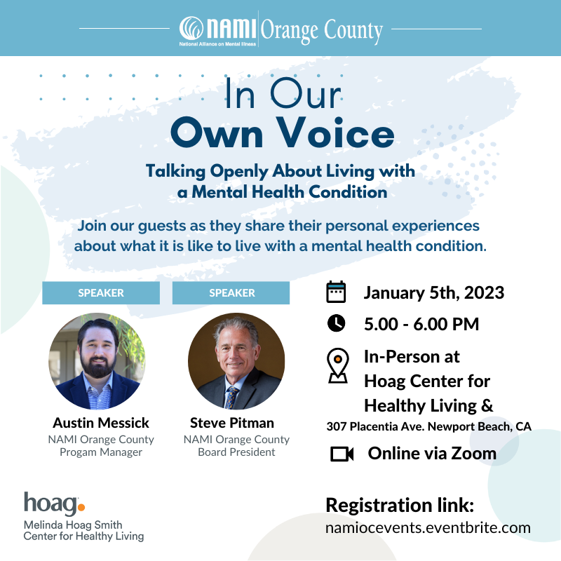 NAMIOC's tweet photo. Join us on January 5th for an In Our Own Voice Presentation!
Our hosts will share their experiences about what it is like living with a mental health condition.
You can attend either in person or online! Register now on Eventbrite!
#IOOV #namiorangecounty #notalone #endthestigma https://t.co/82GJeX65t5
