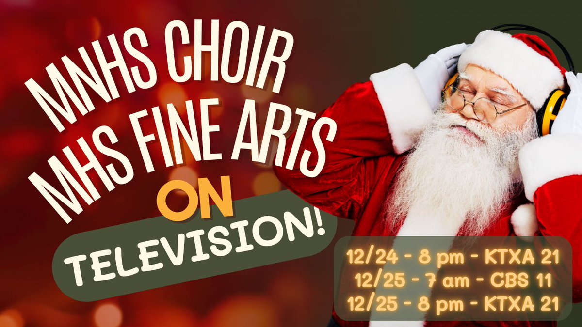 Catch MISD on the CBS 11 Holiday Music Special. MHS and MNHS ensembles’ submissions were accepted for televised broadcast. Tune in and tell your friends!

12/24 at 8 pm on KTXA 21
12/25 at 7 am on CBS 11
12/25 at 8 pm on KTXA 21

#uplift2inspire #mckinneyisd #mckinneyisdfinearts