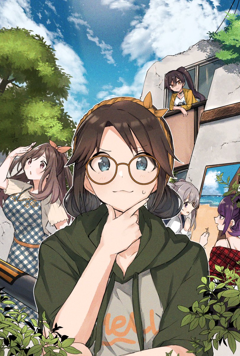 shirase sakuya ,tanaka mamimi ,tsukioka kogane ,yukoku kiriko multiple girls brown hair glasses hood twintails hoodie grey hair  illustration images