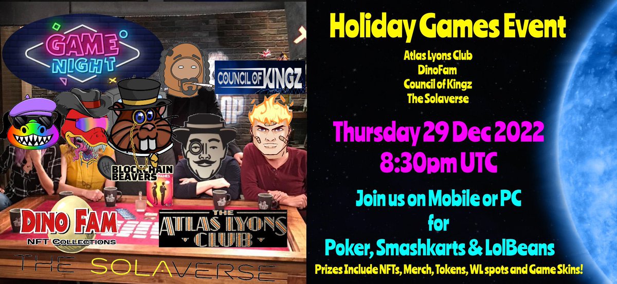 The SolaVerse πͺ (@the_solaverse) on Twitter photo πHoliday Games Event!π
Thursday 29th Dec 2022
Join <a href="/the_solaverse/">The SolaVerse πͺ</a>, <a href="/AtlasLyons/">Atlas Lyons Club π©</a>, @DinoFamNFTs and the <a href="/councilofkingz/">COUNCIL OF KINGZ</a> in our Joined Celebration of this year!
We kick off at 8:30pm UTC on Thursday with a Joined Twitter Space on the <a href="/the_solaverse/">The SolaVerse πͺ</a> official Twitter account. πHoliday Games Event!π
Thursday 29th Dec 2022
Join <a href="/the_solaverse/">The SolaVerse πͺ</a>, <a href="/AtlasLyons/">Atlas Lyons Club π©</a>, @DinoFamNFTs and the <a href="/councilofkingz/">COUNCIL OF KINGZ</a> in our Joined Celebration of this year!
We kick off at 8:30pm UTC on Thursday with a Joined Twitter Space on the <a href="/the_solaverse/">The SolaVerse πͺ</a> official Twitter account.