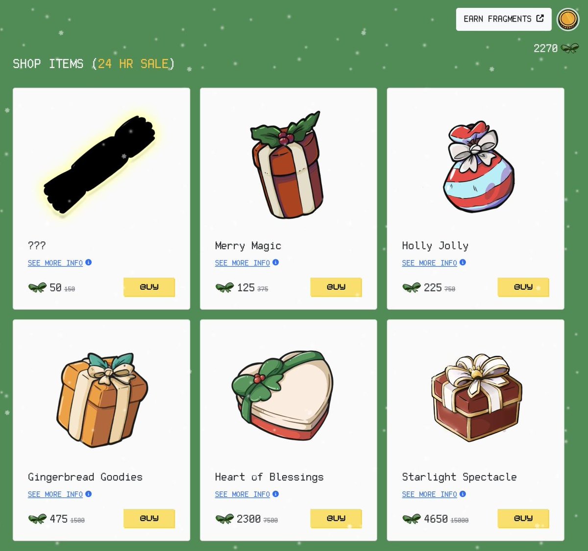 durablecapital's tweet photo. I did some holiday shopping and have 2270 @degenfatcats present fragments left. 

🎅 Giving away two presents! 

Tell me your favorite holiday song below to enter. https://t.co/zFY78LaK4E