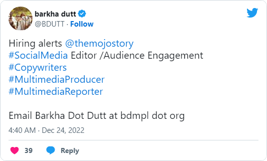 BDUTT said: ' Hiring alerts themojostory hashTag SocialMedia Editor /Audience Engagement hashTag Copywriters hashTag MultimediaProducer hashTag MultimediaReporter Email Barkha Dot Dutt at bdmpl dot org'....