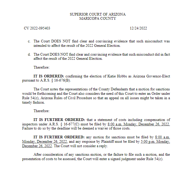 GovernorHobbs's tweet photo. Another win for democracy. The court upholds Arizona’s election process and respects the choice of Arizona’s voters. https://t.co/ceLc2EELlm
