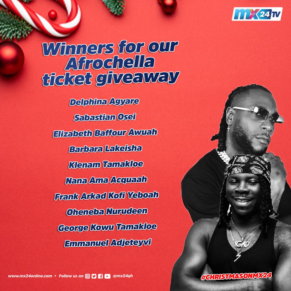 mx24gh's tweet photo. Christmas came early for these lucky fans of MX24 TV! Congratulations!
You can pick up your Afrochella tickets from our office in East Legon.
#mx24gh #funfearlessfactual #ChristmasonMX24 #Afrochella #culturecurations #parteafterparte https://t.co/YGDX7EAXaZ