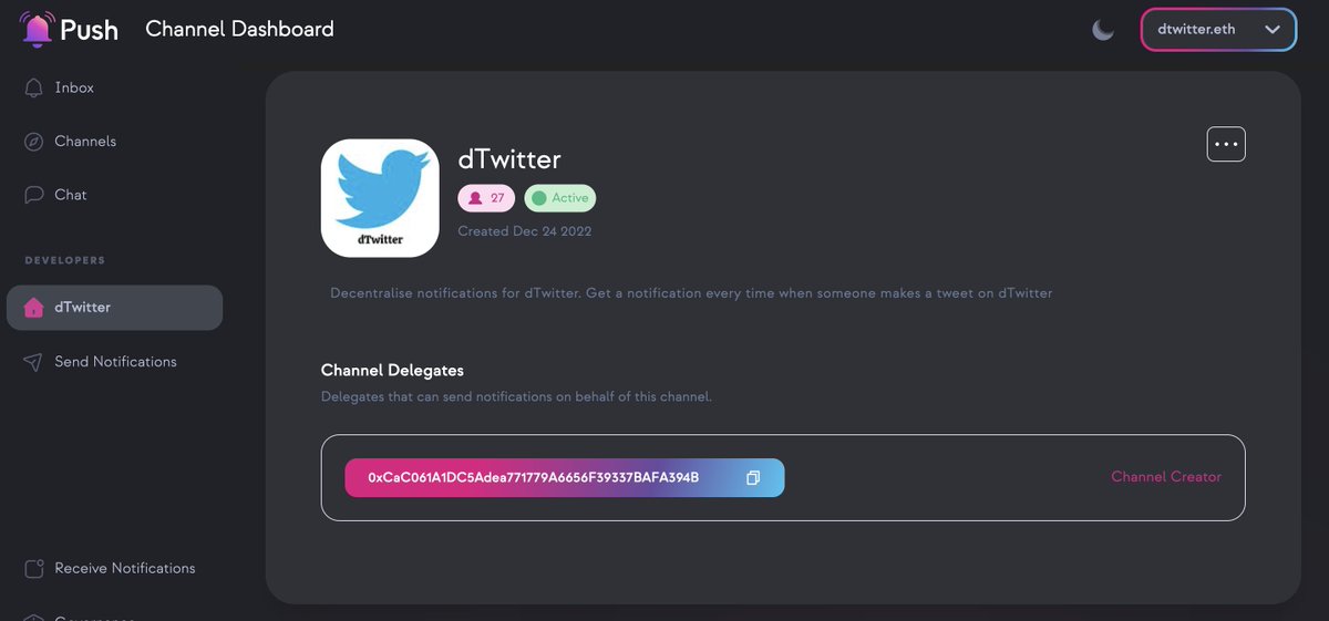 AdityaKaklij's tweet photo. More functionalities to "dTwitter"!
Get notifications every time when someone makes a tweet from dTwitter
@pushprotocol #PushSanta #PoweredByPush https://t.co/lppUn4tzE1