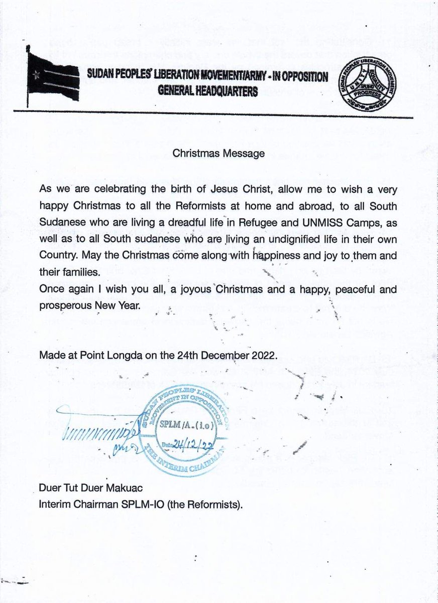 both_yiech's tweet photo. ..#For_immediate_release!! 

The SPLM-IO's Chairman and the Supreme Chief of the SPLA-IO (the Reformists), H.E Duer Tut Duer Makuac, has released a brief #CHRISTMAS_MESSAGE to all Christians in #SouthSudan and elsewhere around the world. https://t.co/Sn5DtO28OY