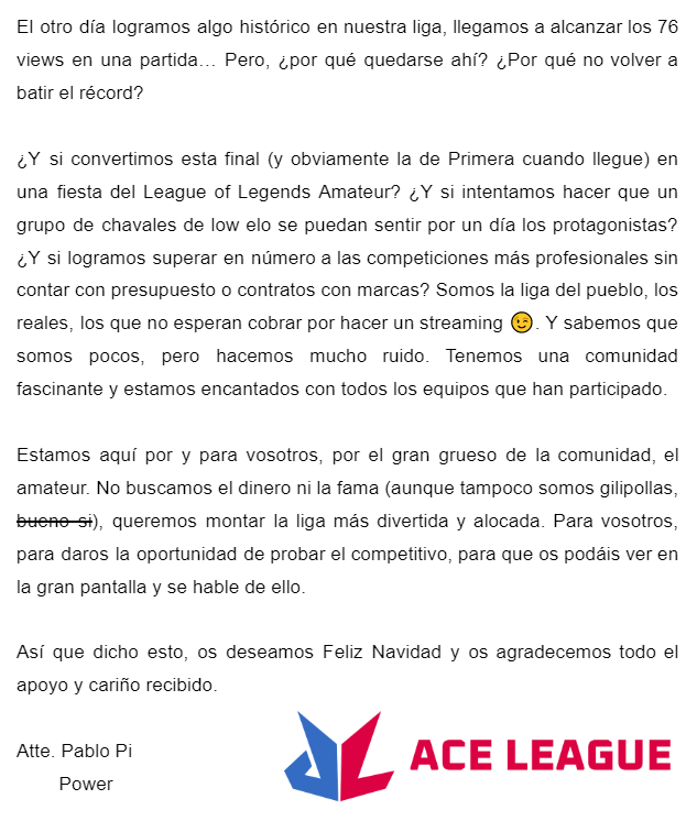 𝗖𝗢𝗠𝗨𝗡𝗜𝗖𝗔𝗗𝗢 𝗢𝗙𝗜𝗖𝗜𝗔𝗟

Bueno, tan oficial no es pero ya he captado vuestra atención 😉

Recuerdo para que no haya luego dudas;
📆 27/12/2022
🕓 16:00 (UTC +1 🇪🇸)
📺 Twitch.tv/ACELeague_ES

#WeAreACE