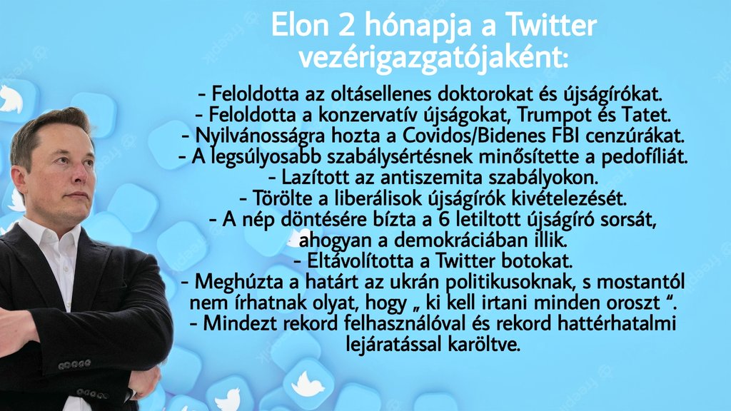 Diasthegoat7's tweet photo. 🇺🇲

Lezárult az Elon-saga. A milliárdos befejezte a tevékenységét, mint a Twitter vezérigazgatója.

Elhozta nekünk a lehető legszabadabb politikai platformot és szembesítette a liberálisokat a valósággal. Köszönjük! Hajrá, Elon! 💪🏻

Az eredményei: https://t.co/cvt3UMkzXN