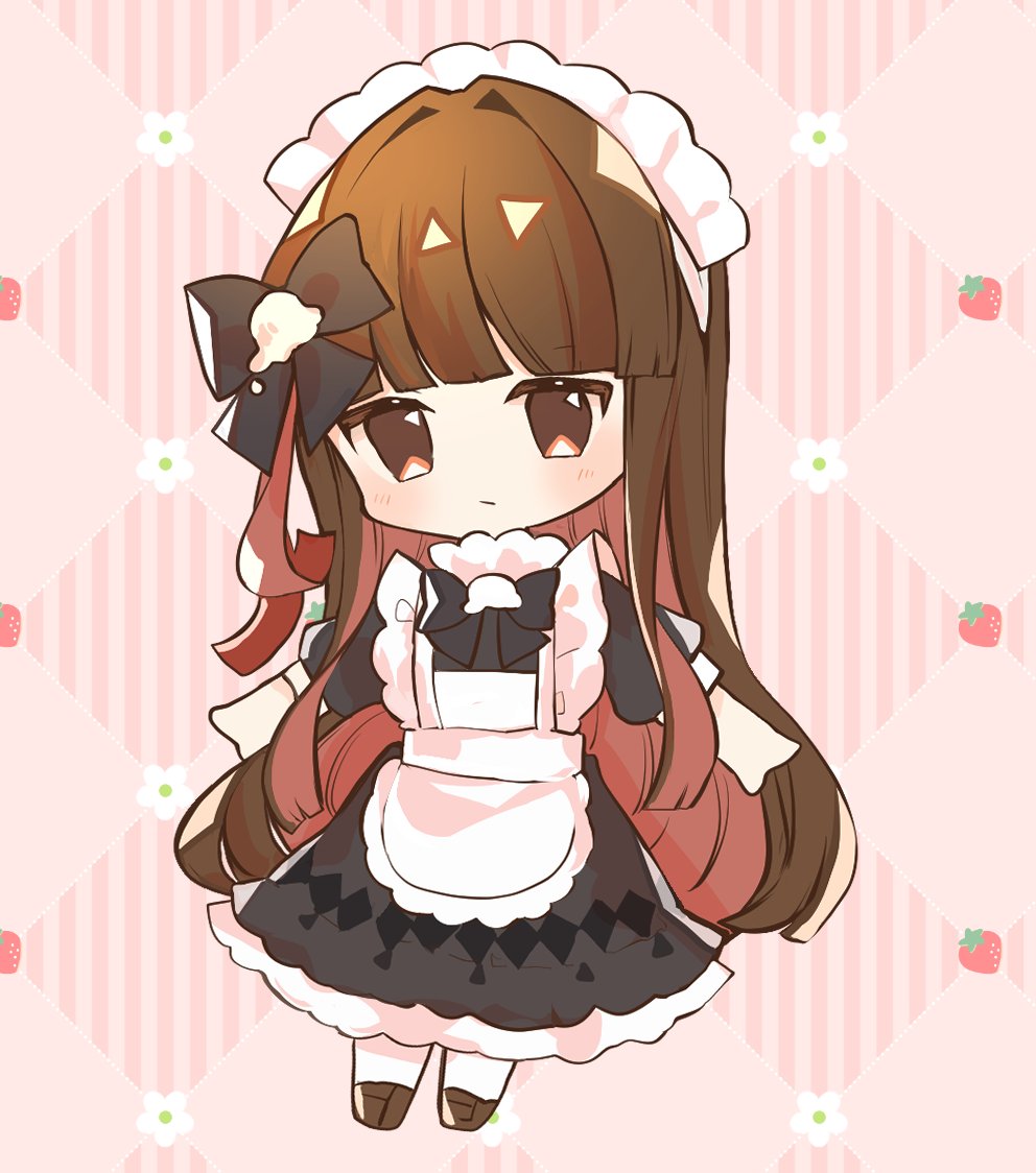 1girl solo brown hair long hair chibi maid headdress apron  illustration images