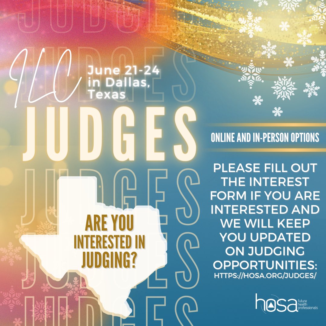 Join us as a judge at the HOSA-Future Health Professionals International Leadership Conference in Dallas, Texas on June 21-24, 2023. Sign up today at hosa.org/judges/! #HOSA #healthcare #leadership