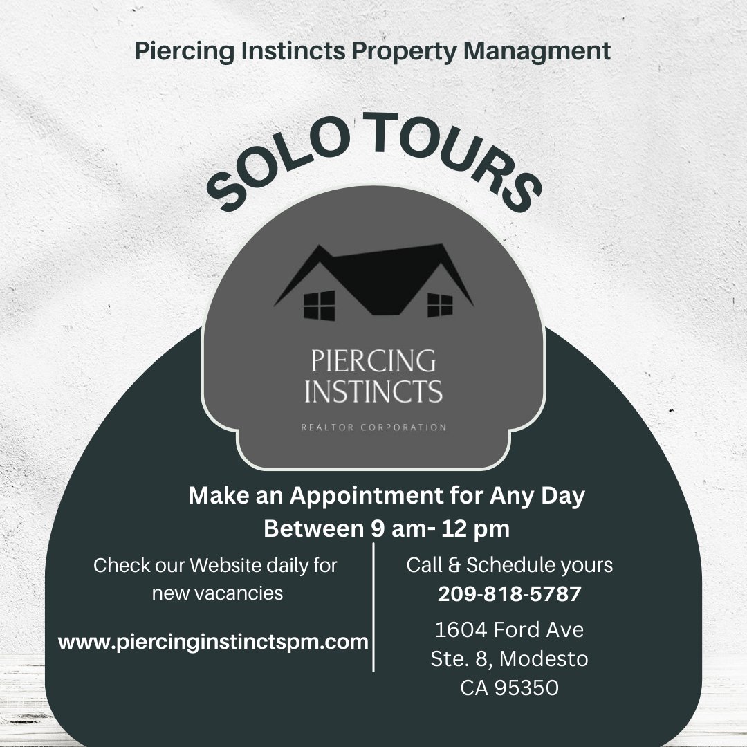 Piproperties1's tweet photo. We offer solo tours on select properties. Feel free to call our office to schedule an appointment!!
#propertymanagement #uncustomary #upgrades #familyowned #modesto #realestate #piercinginstinctsfamily https://t.co/h9LI5ZCpQv