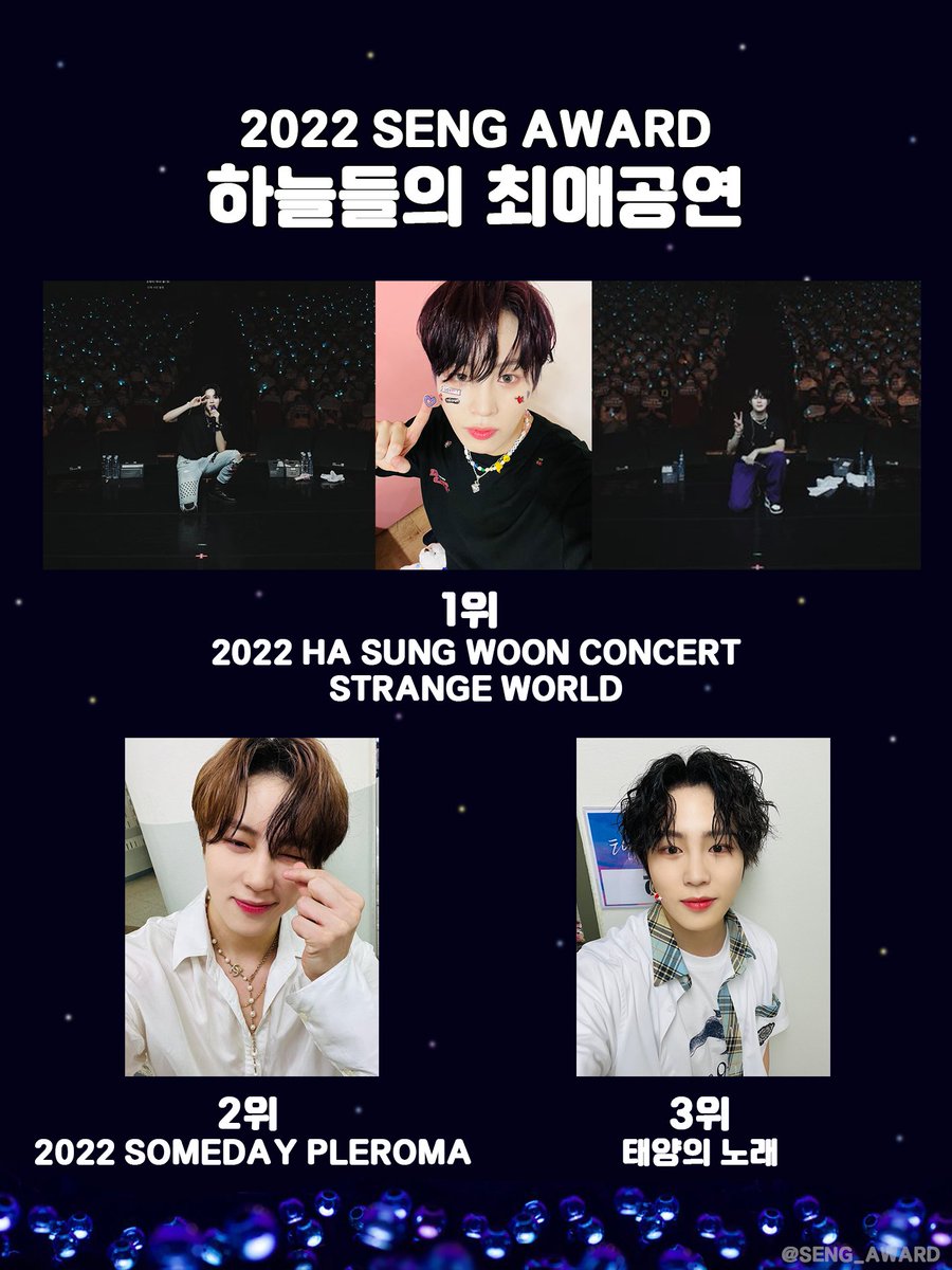 SENG_AWARD's tweet photo. 🎄2022 SENG AWARD 최애 공연🎄

💙2022 HA SUNG WOON CONCERT STRANGE WORLD
💙2022 SOMEDAY PLEROMA
💙태양의 노래

#하성운 #HASUNGWOON #하늘 #하늘통신 #우리끼리_SENG_AWARD #2022_SENG_AWARD https://t.co/NntrdGSJGr