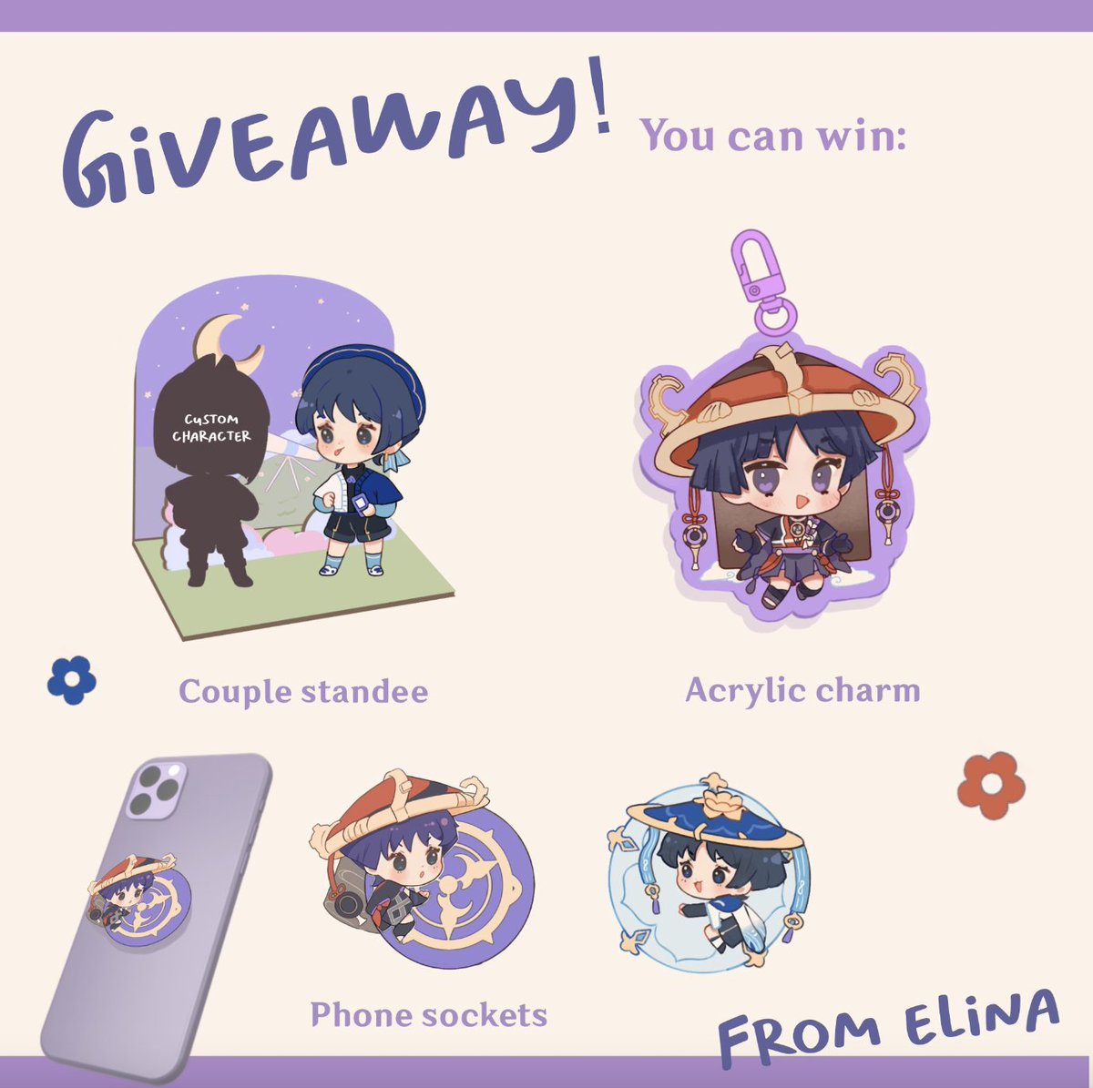 dailymouche's tweet image. ★ 100K GIVEAWAY ★

glad to announce that i have partnered with the sweet @Elinasart to celebrate reaching 100K ! 

we have decided on 3 prizes :
- x1 scaramouche merch from elina's store
- x1 welkin moon
- x1 1980 genesis crystals

★ rules below