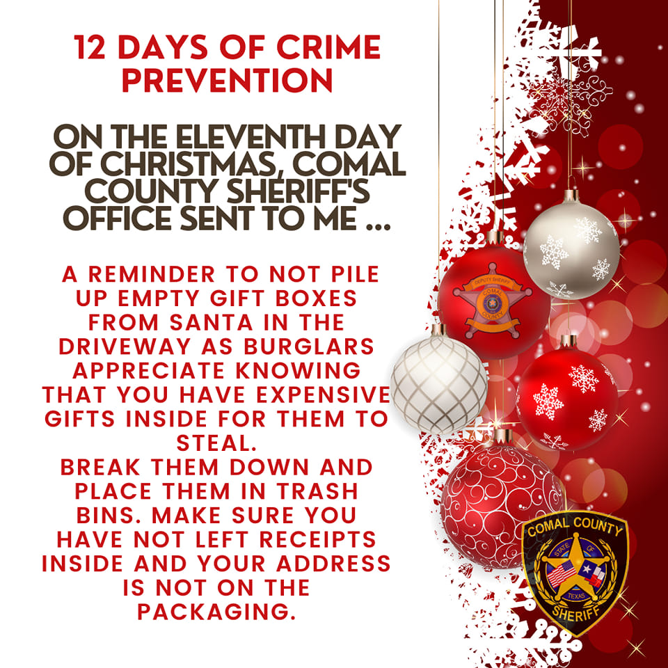 ComalCountyTX's tweet photo. 12 Days of Crime Prevention Day 11!
The Comal County Sheriff's Office is sharing crime prevention tips with you this holiday season! #comalcountycommunity #holidayseason #CCSO Comal County Sheriff's Office https://t.co/2rp6Z94oap