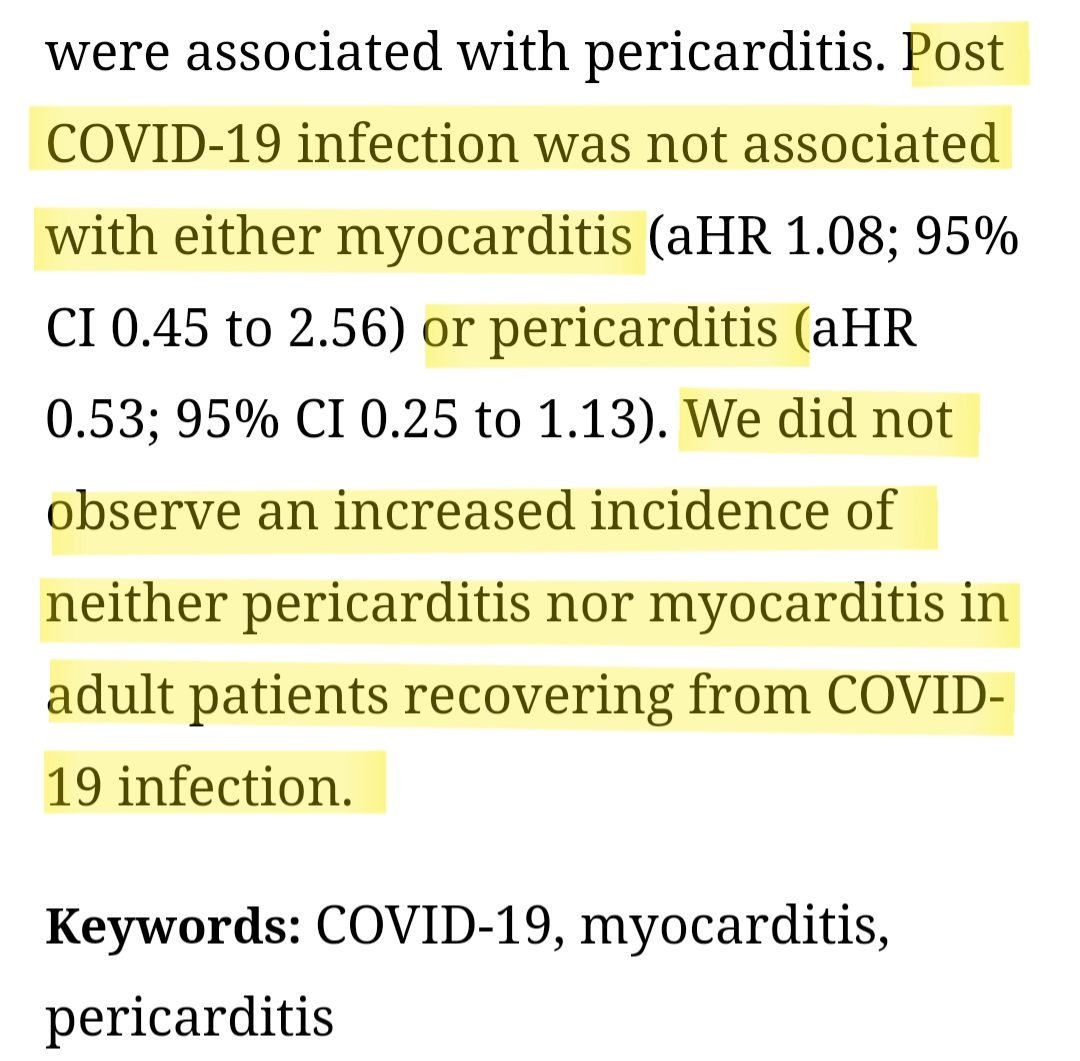 So Covid vaccines may cause myocarditis, but Covid itself causes myocarditis too, right? WRONG!

A large-scale Israeli study of 196,992 unvaccinated adults after Covid infection showed that “Covid infection was not associated with either myocarditis or pericarditis.”
