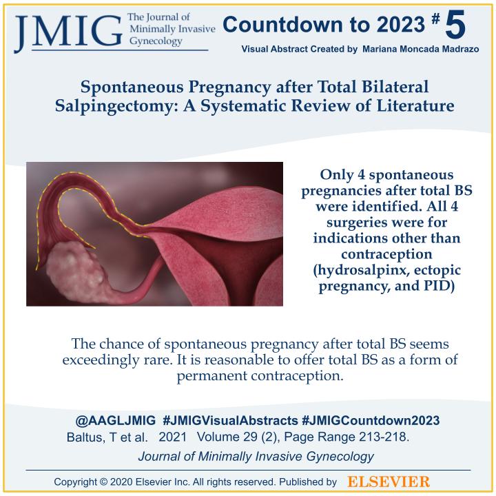 AAGLJMIG's tweet photo. #5 most downloaded article of the year is 🥁🥁🥁
Spontaneous Pregnancy after Total Bilateral Salpingectomy: A Systematic Review of Literature
Link to the article ▶️ https://t.co/cRAPsGkBCe
#JMIGvisualabstracts #JMIGCountdown2023 #Salpingectomy #Contraception https://t.co/tpMj90nS32