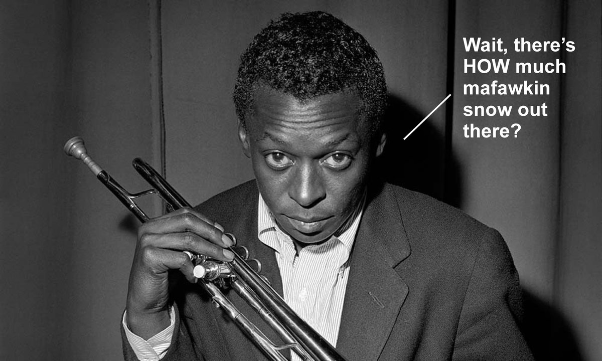 Stormageddon can bite me.  Tonight, for Xmas Eve I'm playing all 1950s Miles tunes at Poetry Jazz Café (1078 Queen St. W) with BROWNMAN AKOUSTIC TRIO.  If you're close, own boots, are sick of being inside and like Miles -- walk or TTC on ova!  Or drive if yer brave.