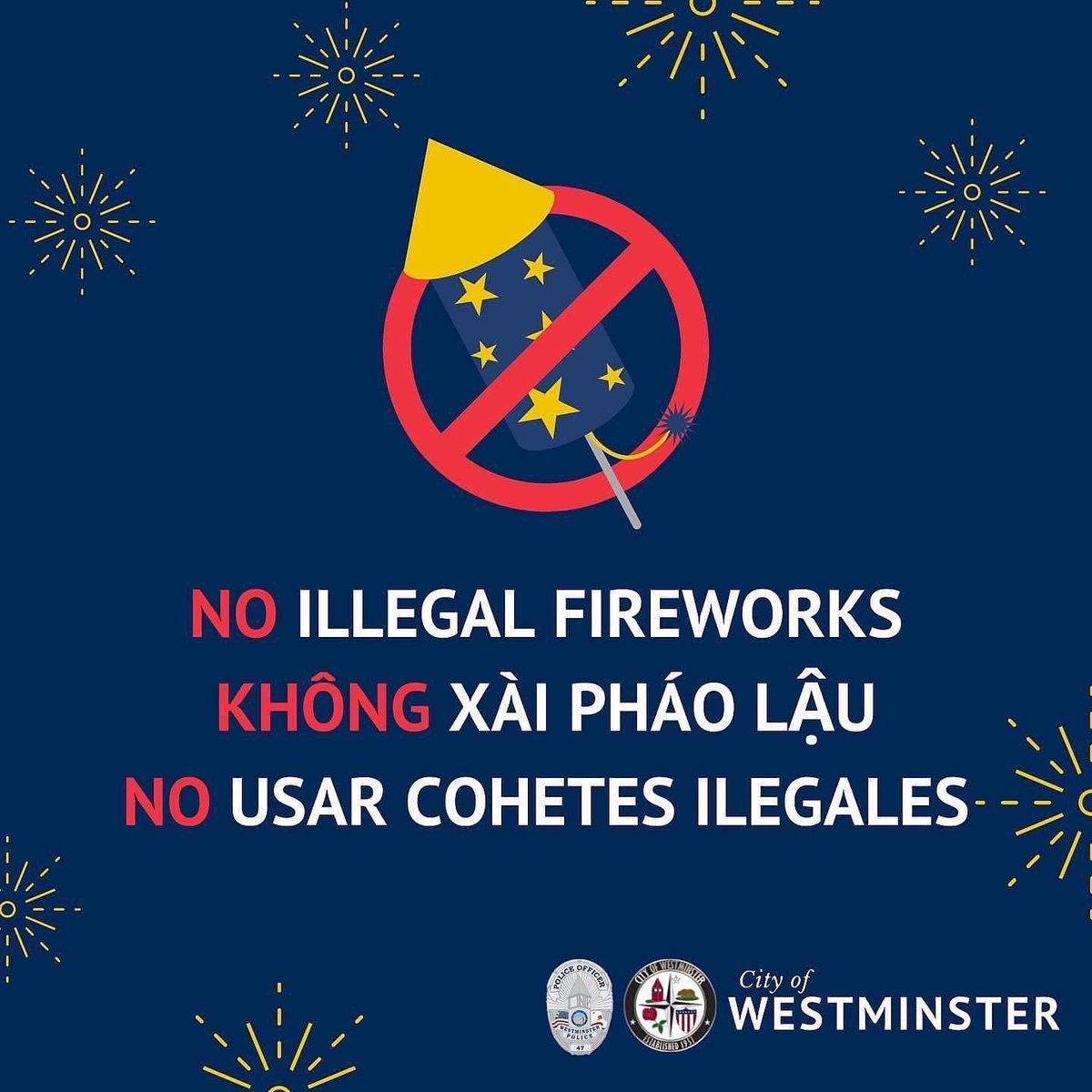 The holidays are here 🎄 Please do not call 9-1-1 to report illegal fireworks! Leave 9-1-1 lines open for emergencies. Instead, try: 💻 westminster-ca.gov/fireworks ☎️call the fireworks hotline, 714-898-3315 x 4686 📲download the City’s app (available for iPhone/Android).