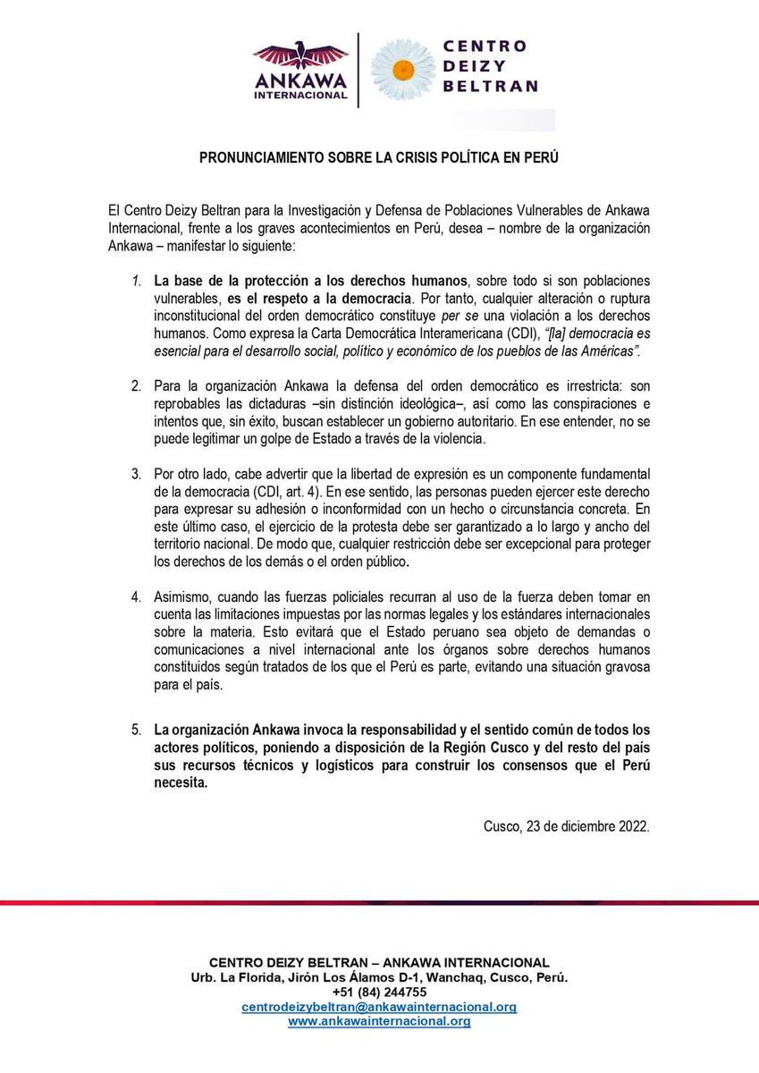 #Pronunciamiento del <a href="/cdbankawa/">Centro Deizy Beltran</a>, a nombre de <a href="/ankawaintl/">The Ankawa Global Group</a>, sobre la situación en #Perú.