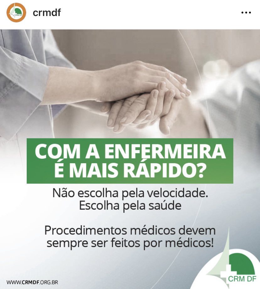 marcoswesleymw's tweet photo. Postagem absurda do CRM-DF
Uma entidade médica não pode querer regular uma profissão autônoma, que tem sua própria legislação e seu próprio Conselho.

Não é função do CRM  falar o que é ou o que não é competência da enfermagem.
Nosso limite é a lei! Respeitem a enfermagem! https://t.co/oigVunqg8q