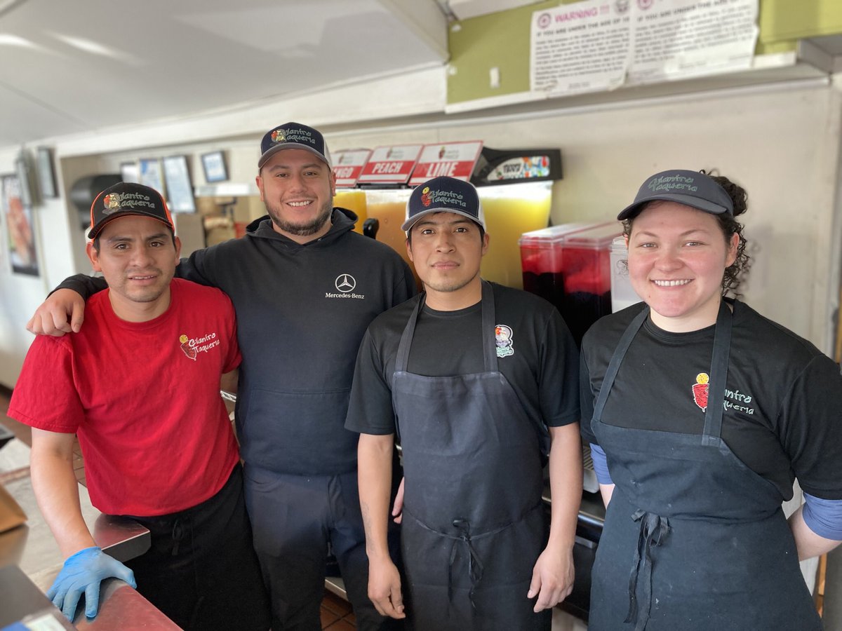 SkrticX's tweet photo. Cilantro Taqueria. EST. 2020. 18260 Detroit Ave, Lakewood. The restaurant is located in the old long running John’s Diner. Pictured are team members Uriel Contreras, Owner Rey Galindo, Roman Damian, and Maryuri Pacheco. https://t.co/UuD2J1JCDG