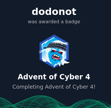 kennolot's tweet photo. well well well a month has already passed and so has the advent of cyber 4! #TryHackMe #adventofcyber @tryhackme https://t.co/853hRexjE9