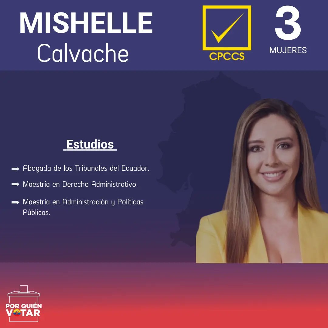 porquienvotarec's tweet photo. Conoce un poco más de esta candidata @mishu_calvache 👇

 ¿Conocías a esta candidata que se está postulando al CPCCS? 

#lamejoropcion #votabien #rankingec #cpccs #elecciones2023  #porquienvotarec https://t.co/9JCe1O97oc