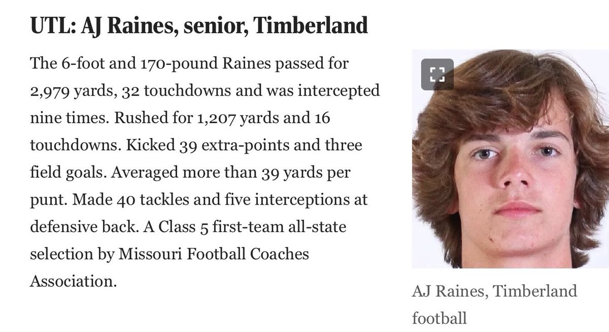 thsactivities's tweet photo. Congrats to ⁦@raines_aj⁩ for being selected to the ⁦@STLhssports⁩         All-Metro 1st Team! https://t.co/6DTfppqjZF