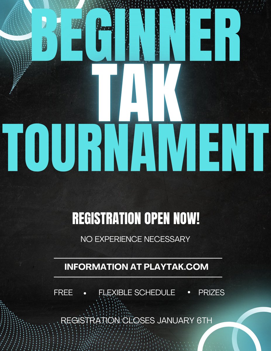 Beginner Tak Tournament is open for registration! Check out ustak.org/2023/january-b… for information, registration, and even a how to play video! 

Flexible schedule, free to play, and $100+ in prizes!

#boardgames #playtak