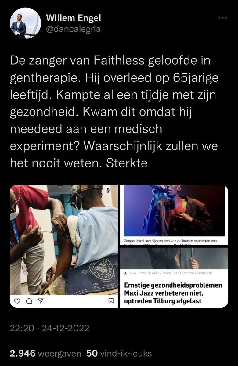 Hi world! This piece of 💩 is Willem Engel @Dancalegria. A Dutch covidiot who threatens politicians, healthcare workers and keeps spreading BS about C19 vaccines being gene therapy. He is now tying the death of #MaxiJazz from #Faithless to them. Wanna reply? #StopWillemEngel