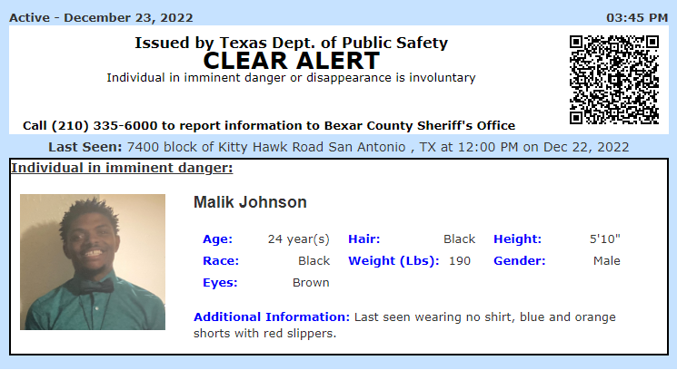 TX_Alerts's tweet image. ACTIVE MISSING ADULT ALERT CONTINUES: Initially issued 12/23/2022 for Malik Johnson from San Antonio, TX.